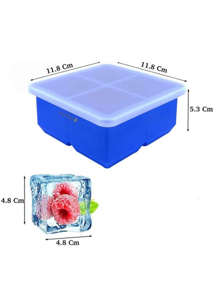 Iles Gurme Silikon Büyük Boy 4'lü Küp Buzluk Buz Kalıbı, Kapaklı, Koyumavi