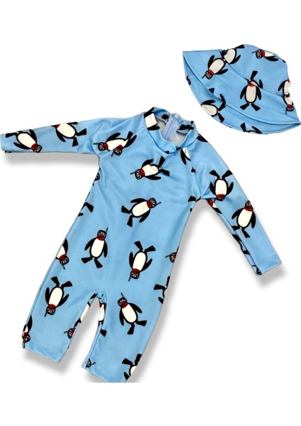 Unisex Bebek - Çocuk Mayo Tam Vücut Güneş Koruma Hassas Ten Penguen Desen Mayo Şapka Hediyeli
