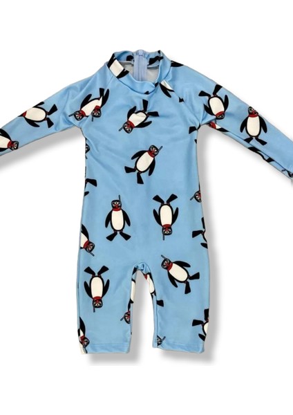 Unisex Bebek - Çocuk Mayo Tam Vücut Güneş Koruma Hassas Ten Penguen Desen Mayo Şapka Hediyeli