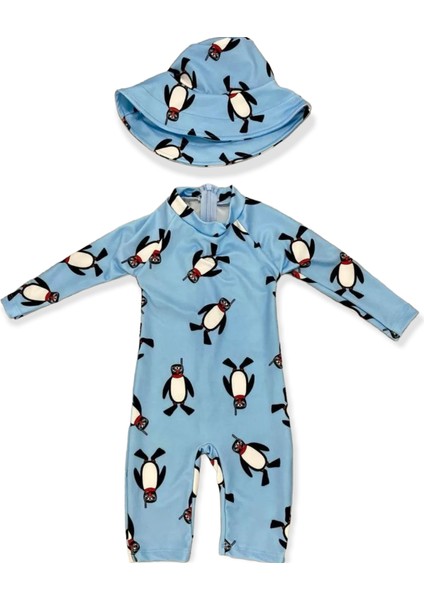 Unisex Bebek - Çocuk Mayo Tam Vücut Güneş Koruma Hassas Ten Penguen Desen Mayo Şapka Hediyeli