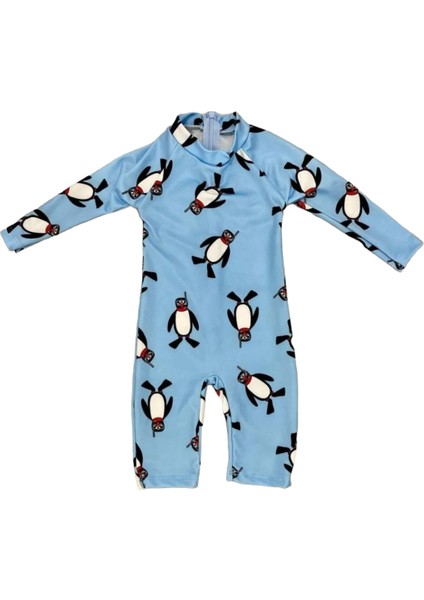 Unisex Bebek - Çocuk Mayo Tam Vücut Güneş Koruma Hassas Ten Penguen Desen Mayo Şapka Hediyeli