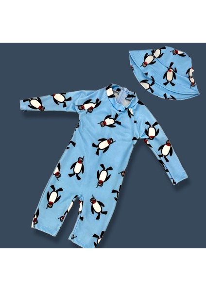 Unisex Bebek - Çocuk Mayo Tam Vücut Güneş Koruma Hassas Ten Penguen Desen Mayo Şapka Hediyeli