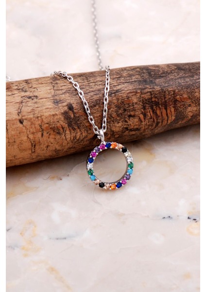 Halka Tamtur Mix Taşlı Rodyumlu Gümüş Kolye 7837