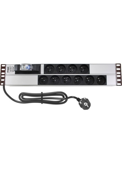 Connect 19'' 2u 10 Way French Type Nfc 61314 Socket Cırcuıt Breaker Connected, 3x1,5 Mm² Nymhy Cable, DIN49441 Plug Alumınıum Profıle Frame Pdu