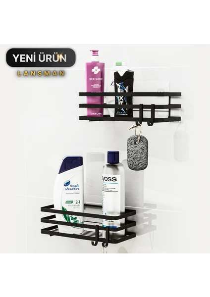 Banyo Düzenleyici Şampuanlık Sabunluk 2'li Set Lamalı Yapışkanlı 4 Askılı Duş Rafı Organizer