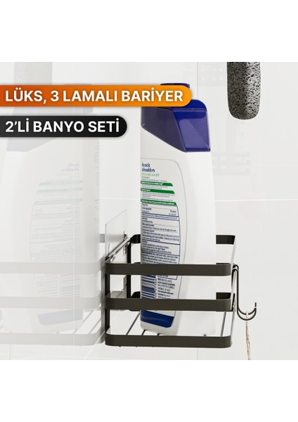 Banyo Düzenleyici Şampuanlık Sabunluk 2'li Set Lamalı Yapışkanlı 4 Askılı Duş Rafı Organizer