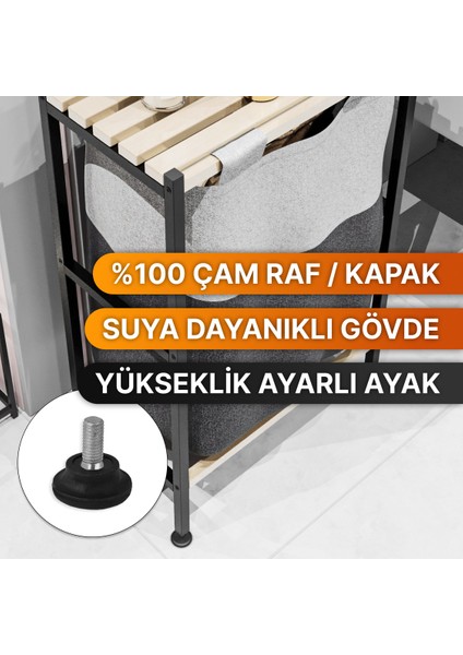 Banyo Düzenleyici Çamaşır Sepeti Ahşap Raflı Kirli Sepeti Keten Kumaşlı Organizer