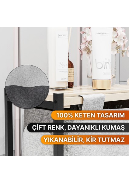 Banyo Düzenleyici Çamaşır Sepeti Ahşap Raflı Kirli Sepeti Keten Kumaşlı Organizer