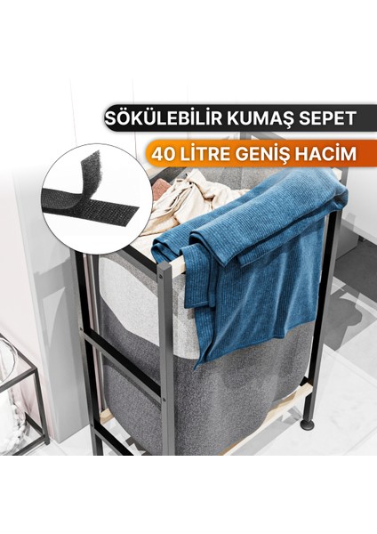 Banyo Düzenleyici Çamaşır Sepeti Ahşap Raflı Kirli Sepeti Keten Kumaşlı Organizer