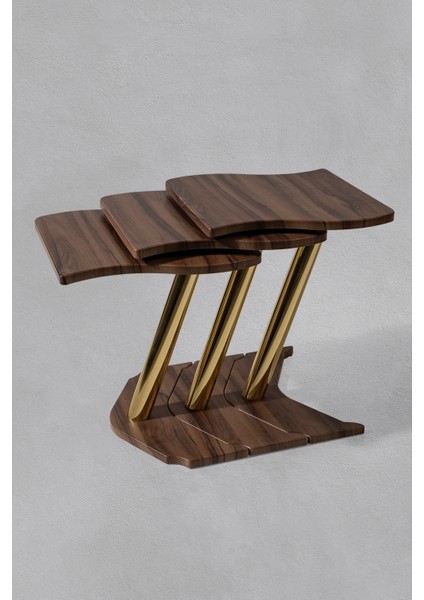 3'lü Gold Windows Zigon Sehpa - Ceviz - Krem