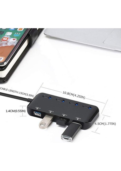 Usb.0 Powered 4 Port USB Ayrıştırıcı Taşınabilir Bireysel Açık/kapalı Tip C Hub (Yurt Dışından)