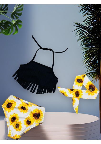 Kız Çocuk Püsküllü Bikini Takımı Yüksek Bel Ayçiçeği Günebakan Desen3 Parçalı Takım