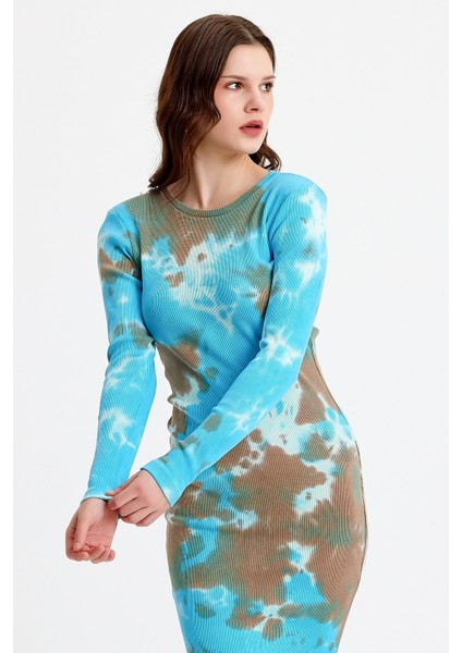 Mavi Batik Yıkamalı Yırtmaçlı Örme Elbise