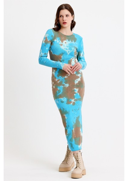 Mavi Batik Yıkamalı Yırtmaçlı Örme Elbise