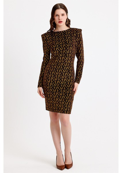 Vatkalı Simli Baskılı Siyah Kadife Elbise