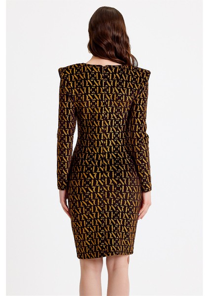 Vatkalı Simli Baskılı Siyah Kadife Elbise indirimleri