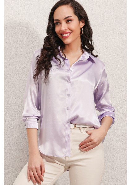 3964 Hafif Dökümlü Saten Gömlek - B.lila fırsatları
