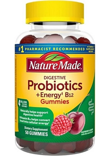 Digestive Probiotics 4 Billion Cfu Per Serving + Energy B12 Gummies Raspberry & Cherry 50 Gummies