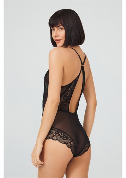 Siyah Çıtçıtlı Dantelli Transparan Sırt Çapraz Ipli Bodysuit