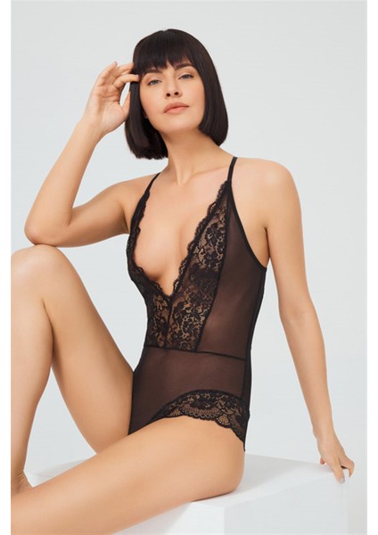 Siyah Çıtçıtlı Dantelli Transparan Sırt Çapraz Ipli Bodysuit