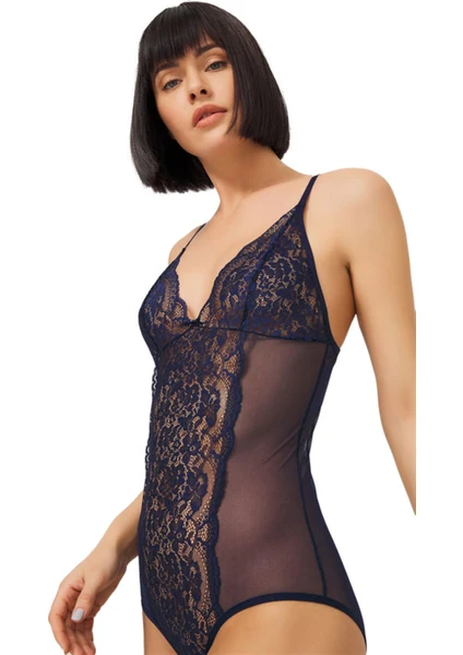 Lacivert Çıtçıtlı Dantelli Transparan Balensiz Kadın Bodysuit