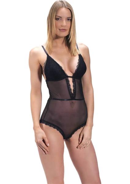 Siyah Çıtçıtlı Dantel Detaylı Kaplı Dekolteli Kadın Bodysuit