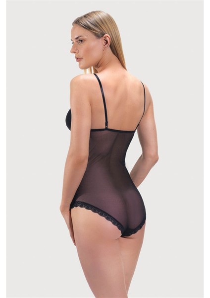 Siyah Çıtçıtlı Dantel Detaylı Kaplı Dekolteli Kadın Bodysuit