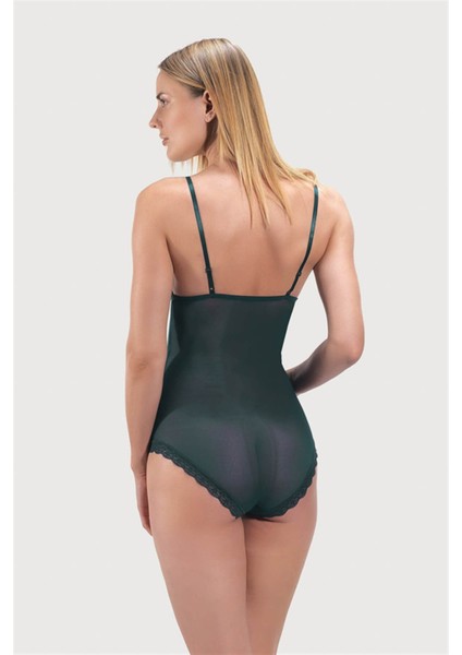 Tenan Yeşili Çıtçıtlı Dantel Detaylı Kaplı Dekolte Kadın Bodysuit