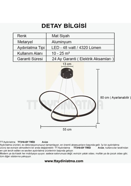 TT310-SY Tt Aydınlatma Trio Modeli Mat Siyah LED Avize indirimleri