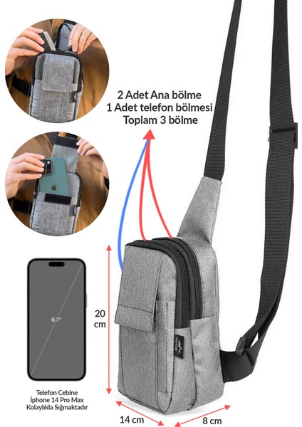Vicenza Body Bag Göğüs Çantası Su Geçirmez Keten Kumaş Çapraz Askılı Bel Omuz Çanta Gri