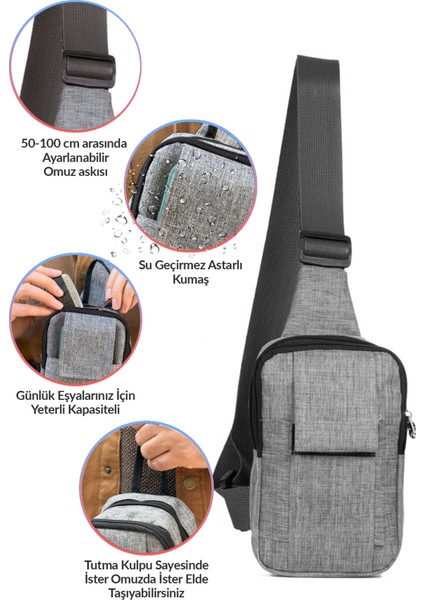 Vicenza Body Bag Göğüs Çantası Su Geçirmez Keten Kumaş Çapraz Askılı Bel Omuz Çanta Gri