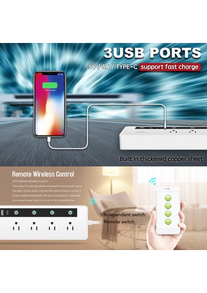 4 Ac Çıkışı ve 3 USB Bağlantı Noktası ile Şerit (Yurt Dışından)