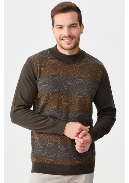 Erkek Yarım Balıkçı Yaka Önü Desenli Kazak D.kahve
