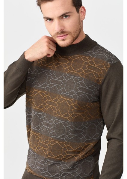 Erkek Yarım Balıkçı Yaka Önü Desenli Kazak D.kahve modelleri