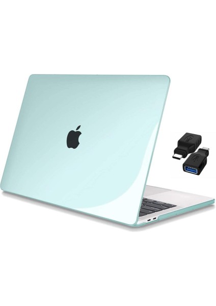 Apple 13" Macbook Air M2 A2681 Kristal Yeşil Kılıf Koruyucu Kapak + USB Çevirici