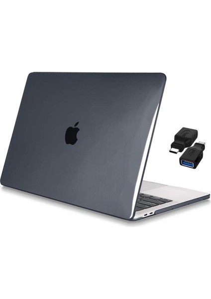 Apple 13" Macbook Air M2 A2681 Kristal Siyah Kılıf Koruyucu Kapak + USB Çevirici