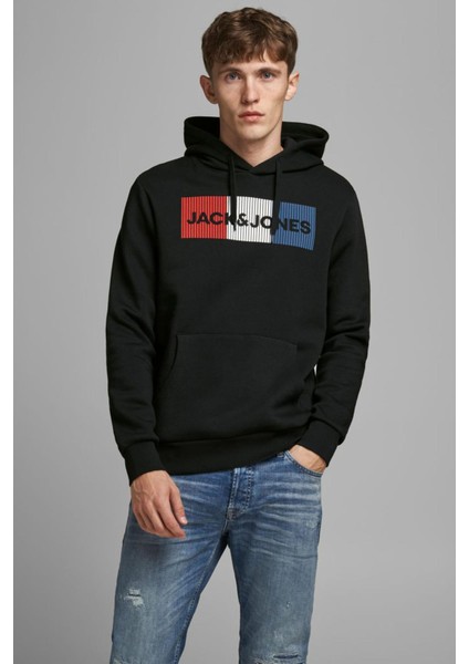 12152840 Jjecorp Logo Sweat Hood No Kapüşonlu Regular Fit Baskılı Siyah Erkek Sweatshir modelleri