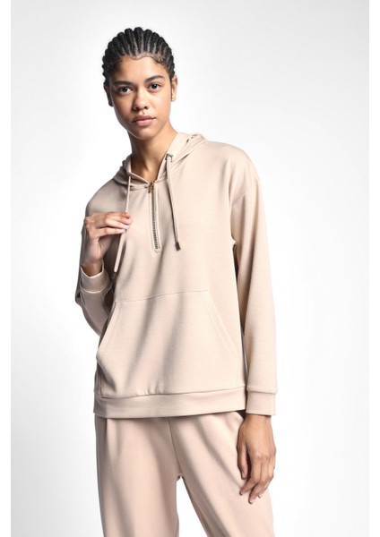 Camel Kadın Fermuarlı Kapüşonlu Sweatshirt 22N-2123
