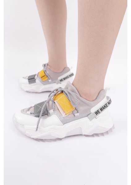 65140 Kadın Mega Kalın Taban Simli Cırtlı Sneakers Ayakkabı