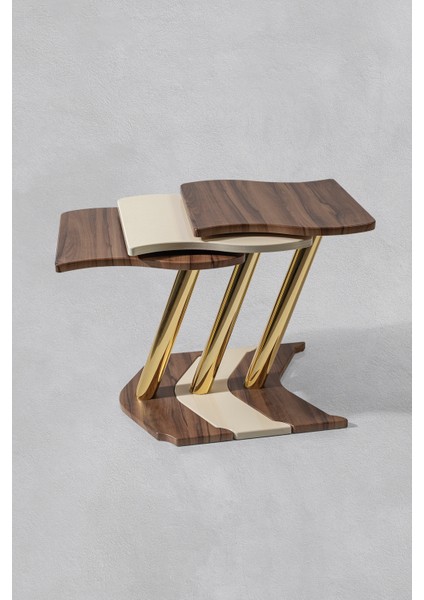 3'lü Gold Windows Zigon Sehpa - Ceviz - Krem
