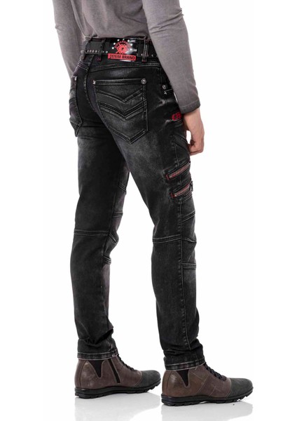 Cipo & Baxx CD795 Biker Jeans Deri Detaylı Siyah Pantolon