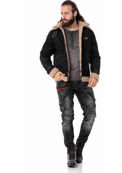 Cipo & Baxx CD795 Biker Jeans Deri Detaylı Siyah Pantolon