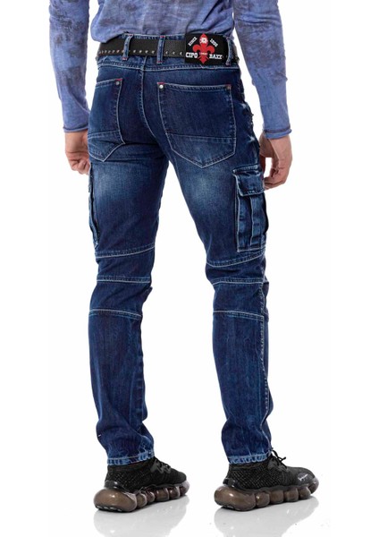 CD798 Kargo Cep Koyu Mavi Motorcu Jeans