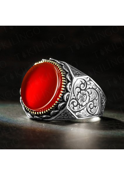 925 Ayar Gümüş Kalem Işlemeli Akik Taşlı Usta Işi Erkek Yüzük