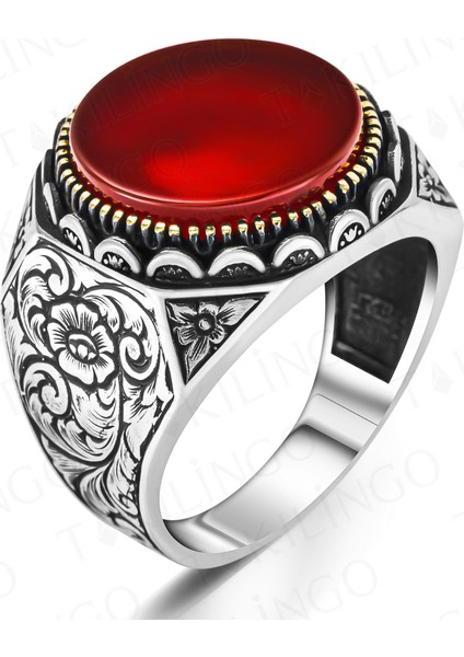 925 Ayar Gümüş Kalem Işlemeli Akik Taşlı Usta Işi Erkek Yüzük fiyatları