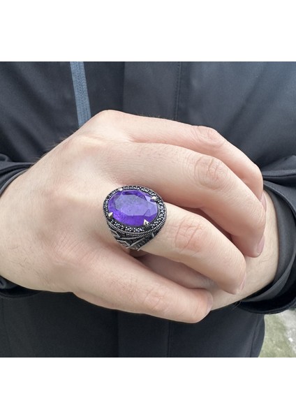 925 Ayar Gümüş Mor Paraiba Taşlı Zirkon Detaylı Erkek Yüzük modelleri