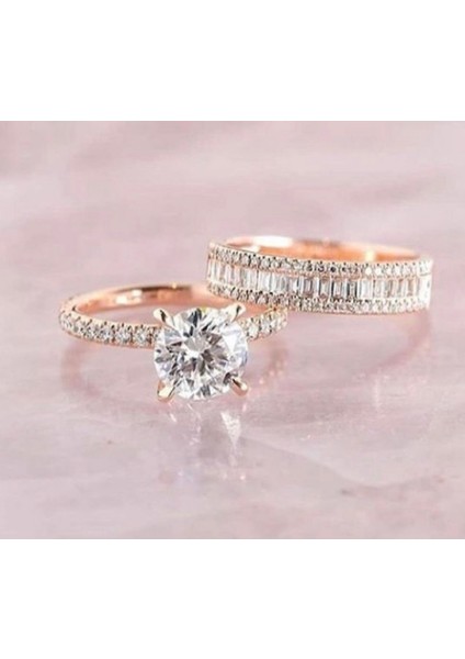 Effeck Diamond Tektaş ve Baget Taşlı Tamtur Yüzük Set