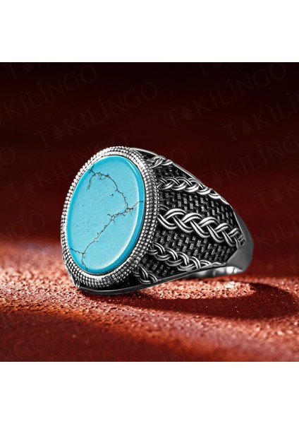 925 Ayar Gümüş Örgü Desenli Turkuaz Firuze Taşlı Erkek Yüzük
