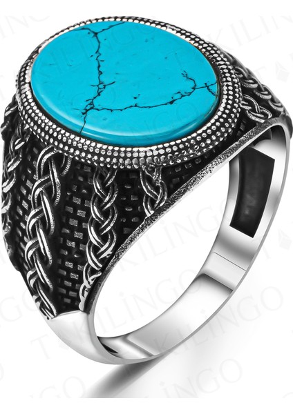 925 Ayar Gümüş Örgü Desenli Turkuaz Firuze Taşlı Erkek Yüzük fiyatları
