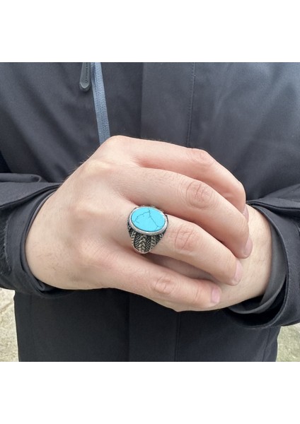 925 Ayar Gümüş Örgü Desenli Turkuaz Firuze Taşlı Erkek Yüzük modelleri